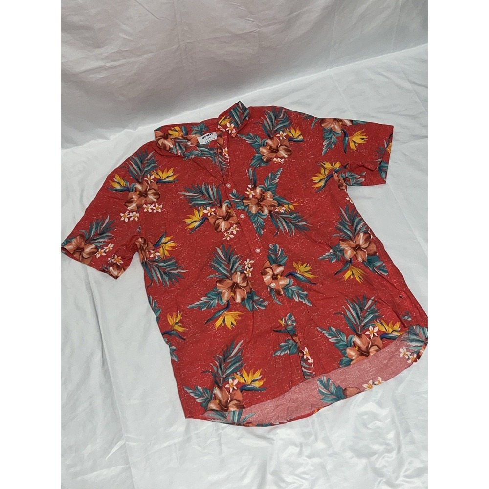 Old Navy Hawaiian Hibiscus Floral Aloha Red Button Up Men XL T Tropical Island